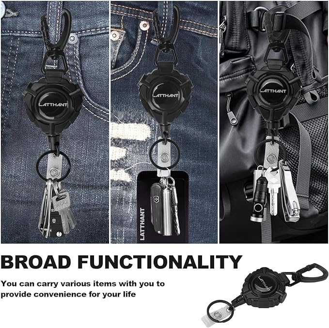 LATTHANT Badge Holder Retractable Clip, Heavy Duty Retractable Keychain with 31.5 in Smooth Steel Cord, Durable 360-degree Rotating Carabiner Badge Holder for Work, Fishing, Car Key