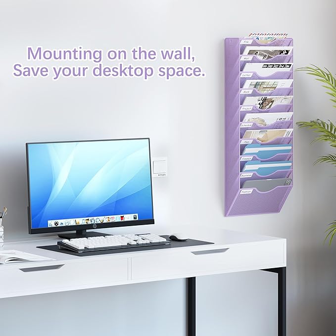 EasyPAG 10 Pocket Mesh Wall File Organizer, Hanging Paper Folder Holder with Classify Label, Vertical Wall Mount Mail Organizer for Office Home Classroom, Purple
