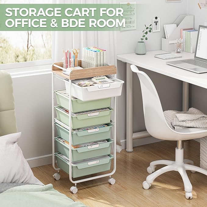Rolling Storage Utility Cart With 6 Drawers,Art Supply Craft Organizer,Sewing Makeup Organizer And Storage,Office Organization Wooden Tabletop,Green