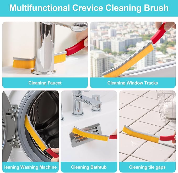 JOYMOOP 4 Pack Crevice Cleaning Brush, Red Hard Bristle Grout Brush, House Cleaning Supplies, Magnetic Gap Cleaning Brush for Kitchen, Bathroom, Window, Toilet, Multifunctional Cleaning Tools