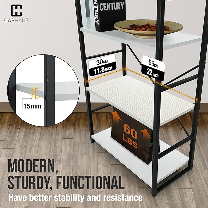 CAPHAUS 6 Tier Bookshelf, 24 Inch Width Free Standing Shelf, Bookcase Shelf Storage Organizer, Industrial Book Shelves for Home Office, Living Room, Kitchen, White Shelves & Metal Frame