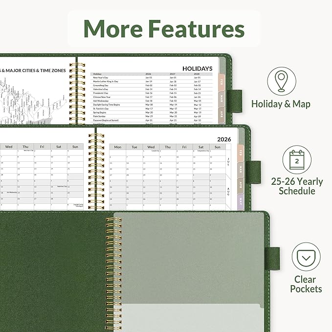 SUNEE 2026 Weekly & Monthly Planner 6.4"x8.5"- 12 Month (January 2026 - December 2026), Vegan Leather Cover, Pocket, Bookmark, Notes, Monthly Tab, Deep Green