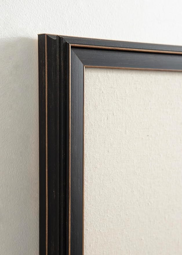 Kate and Laurel Oakhurst Rectangle Framed Linen Fabric Pinboard; 24 x 36; Distressed Black; Traditional Decorative Bulletin Board with Stepped Profile and Lightly Distressed Finish