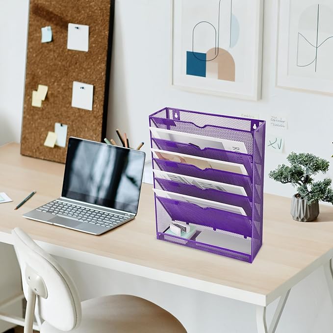 EASEPRES 6 Tier Mesh Hanging Wall File Organizer, Desk Vertical Mail Paper Document Folder Holder Rack with Bottom Tray and Nametag Label for Office Home School, Purple