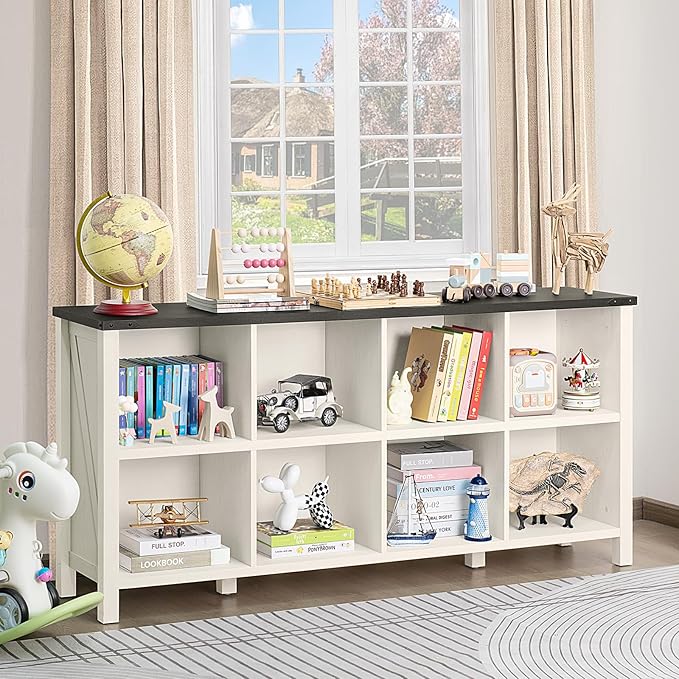 Joaxswe 8 Cube Book Shelf, Farmhouse Wood Long Storage Organizer Bookcase, 62" Horizontal Antique White & Black Console Bookshelf, Kids Toy Storage Cabinet, Modern Open Book Case for Playroom, Office