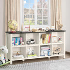 Joaxswe 8 Cube Book Shelf, Farmhouse Wood Long Storage Organizer Bookcase, 62" Horizontal Antique White & Black Console Bookshelf, Kids Toy Storage Cabinet, Modern Open Book Case for Playroom, Office