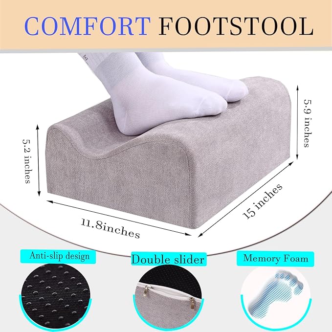 COMFelicify Foot Rest for Under Desk at Work, Ergonomic Under Desk Footrest with Washable Cover, Memory Foam Foot Stool for Office Chair & Gaming Chair, Back & Hip Pain Relief, Light Grey