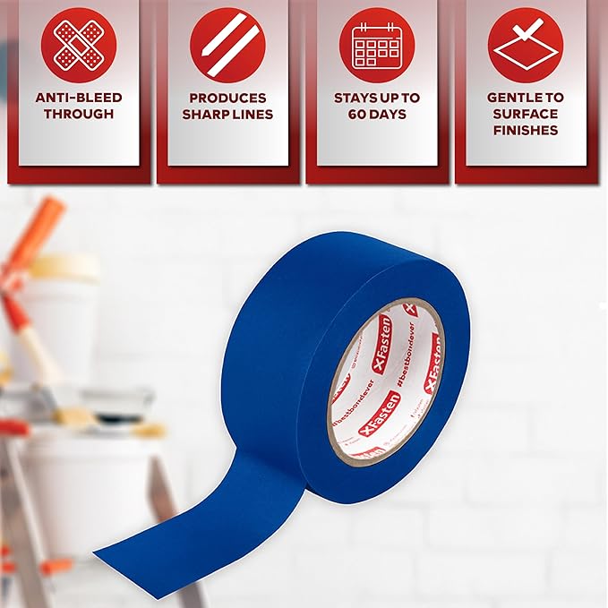 XFasten Blue Painters Tape 1 Inch Wide x 6,480 Feet 36-Pack Bulk UV Residue-Free Blue Masking Tape for Clean Lines, Indoor and Outdoor Multi-Surface Use - Sharp Paint Lines for Walls, Easy Removal