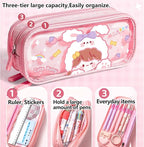 UINSUE Cute Pen case Adorable Bunny Transparent 3-Layer Large Capacity Pencil Case Gadget organizer with Lovely Stickers (Pink-Bunny)