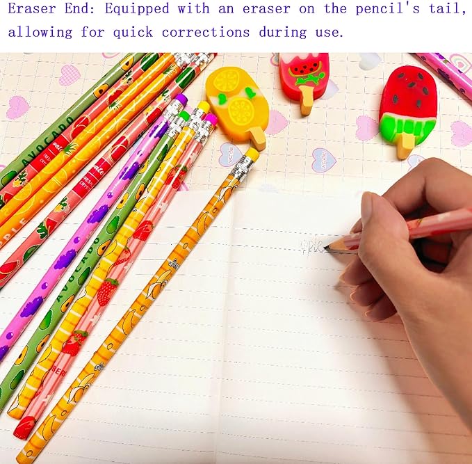 Jsehchya 72PCS Corlorful Wooden cased Pencils for Kids with Erasers, Wood Wedding Golf for School,Drawing,Gift (72PCS) (Fruit, 72)