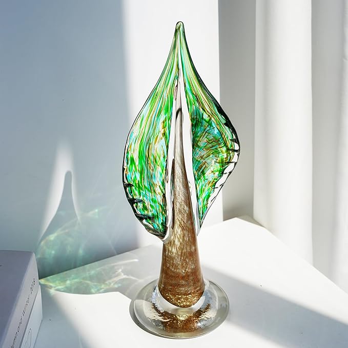 QFkris Blown Glass Tree of Life Leaf Sculpture for Home Decor, 12inch Hand Blown Glass Art Decorative Statue for Book Shelf Living Room Office Desk Home Decoration Accents Collectible Figurines