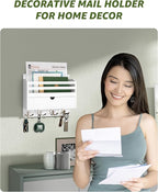 Rebee Vision Decorative Mail Organizer Wall Mount - Modern Key and Mail Holder for Wall with Drawer Organizer and 7 Key Hooks - Wall Decor Living Room for Apartment Essentials (White)