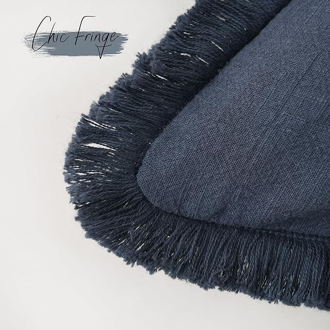 Foindtower Set of 2 Decorative Linen Fringe Throw Pillow Covers Cozy Boho Farmhouse Cushion Cover with Tassels Soft Accent Pillowcase for Couch Sofa Bed Living Room Home Decor, 16×16 Inch, Navy Blue