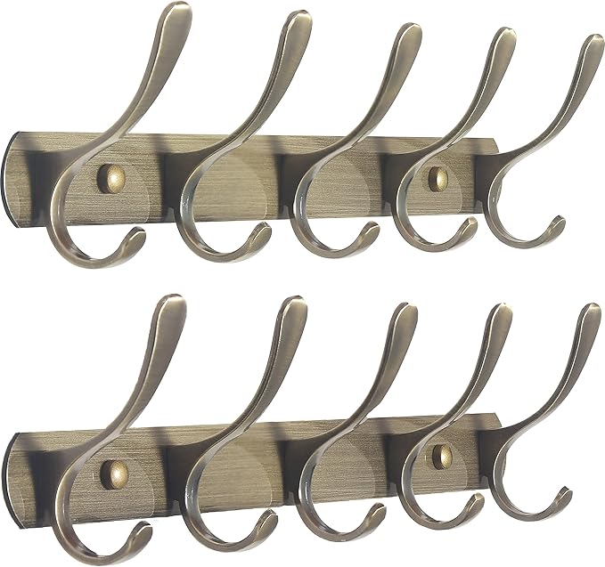 SKOLOO Coat Rack Wall Mount - Modern, Metal Wall Coat Rack with 5 Hooks, Pack of 2, Sturdy Wall Hook Rack Rail for Hanging Coat, Jacket, Clothes, Hat, Bronze