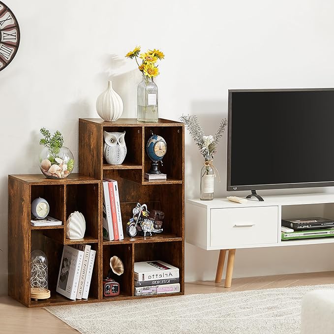 VECELO Wide Bookshelf Set, Fits 9.3" × 10-12.8" Hardcovers, Cube Storage Bookcases, Free-Standing for Living Room, Bedroom, Home Office, 2/3-Tier, 2-Pack, Brown