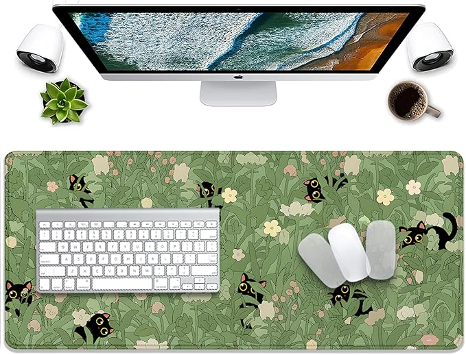 Cute Cats Desk Pad Mouse Pad,Sage Green Plants Flowers Floral Mouse Mat Large,Stitched Edges Non-Slip Waterproof Rubber Base Mous Mat for Office Home Work Gaming(27.5X11.8 in)