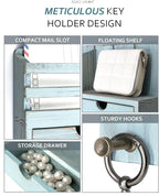 Rebee Vision Decorative Key Holder Wall Mount with 2 Drawer Organizer - Modern Mail Organizer with 6 Key Hooks & Shelf - Home Decor Aesthetic for Apartment Essentials (Distressed Blue)