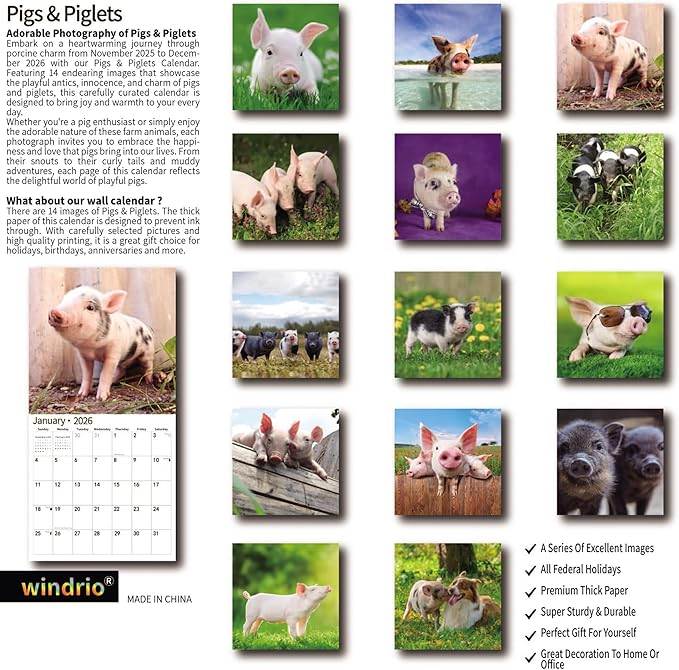 2026 Wall Calendar,Calendar 2026, November 2025 - December 2026, Wall Calendar Pigs & Piglets, 12" x 24" Opened,Full Page Months Thick & Sturdy Paper for Gift Perfect Calendar Organizing & Planning