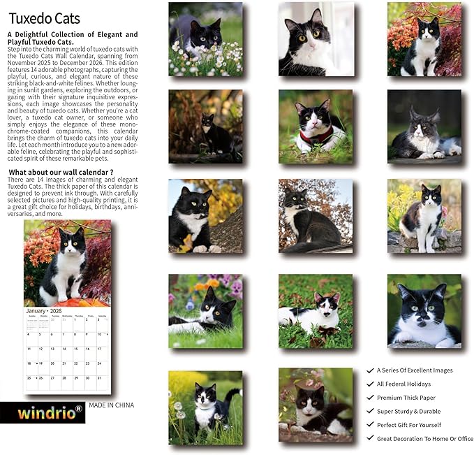 2026 Wall Calendar,Calendar 2026, November 2025 - December 2026, Wall Calendar Tuxedo Cats, 12" x 24" Opened,Full Page Months Thick & Sturdy Paper for Calendar Organizing & Planning