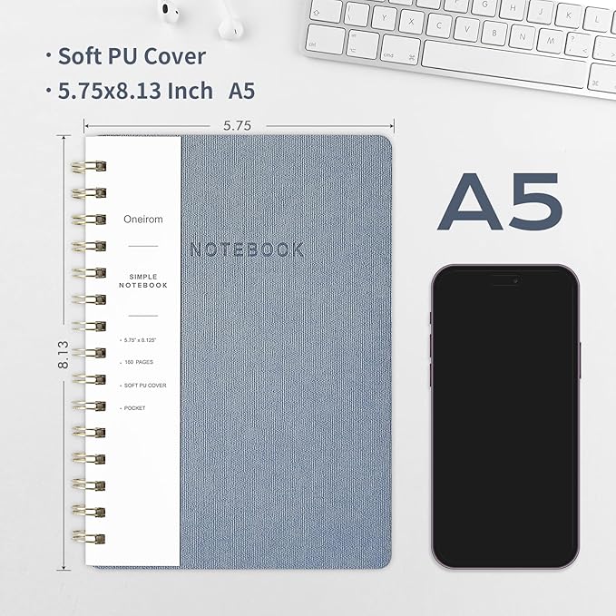 Spiral Notebook-5.75" x 8.125" College Ruled Journal with Inner Pockets and 160 Pages,PU Leather Cover Business Journal, Twin-Wire Binding Notebook Perfect for Office & Home School Supplies 6 pack Reefblue