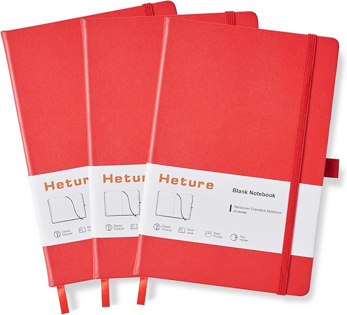 Heture Hardcover Notebooks, A5 Blank Journals Notebook for Writing 160 Pages, 8.2 x 5.5 inch, Classic Blank Notebooks for College/Work/Travel(Red 3 Pack)