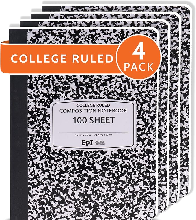 EPI 4 Pack College Ruled Composition Notebook Black - 200 Pages (100 Sheets), 9-3/4 x 7-½ - Classroom Back to School Supplies, Heavy Duty, Durable Hardcover Office Notebooks, Sewn