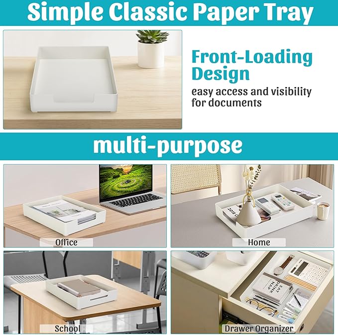 AZFUNN Letter-Size Tray Desk Letter Tray Paper Tray, Sturdy Heavy-Duty Plastic Printer Paper Tray, Single-Tier Stackable File Storage Organizer for Office Home (2, White)