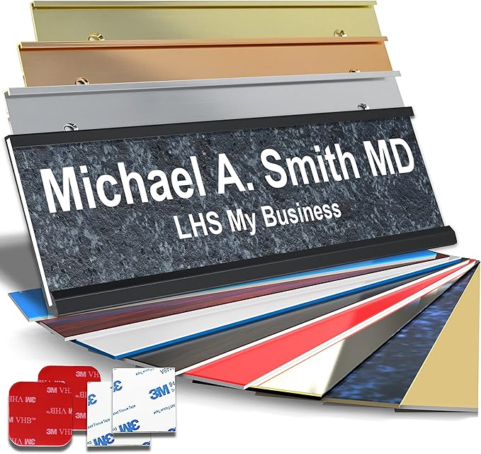 Personalized Name Plate with Choice of Mounting Holders for Walls, Doors, Cubicles, Hanging and More - Custom Mojave Black Plastic White Letters - USA Made 2x12 - N8