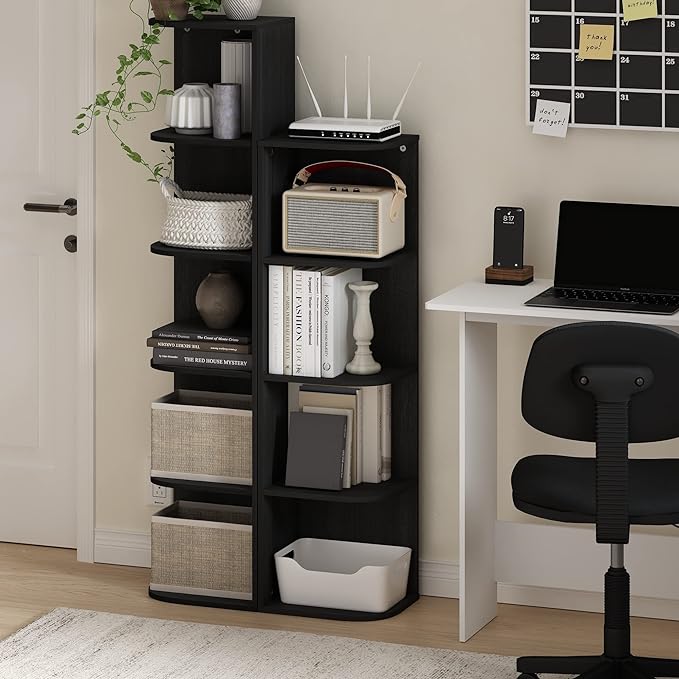 Furinno PASIR Book Shelf, 5-Tier Corner Bookshelf, Open Shelves Bookcase 9.3 x 12 x 51.7, for Living Room, Bedroom, Home Office, Blackwood