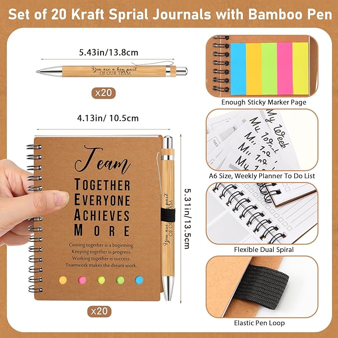Moinchore 20 Sets Employee Appreciation Gift Inspirational Spiral Notebook with Bamboo Pen Sticky Note Thank You Valentines Day Gift for Coworker Office Staff Team Nurse Teacher (Team Together)