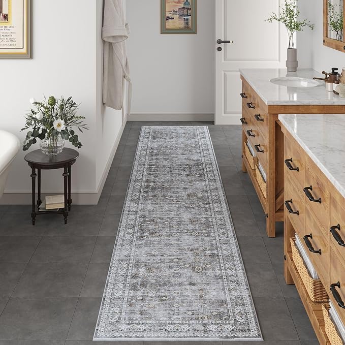 Rugcomf Long Hallway Runner Rug 2'7"x14' - Vintage Washable Non Slip Runner Rug, Boho Carpet for Hallways, Kitchen, Entryway, Hall, Bathroom - Grey