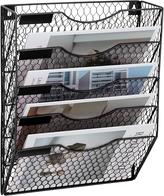 EASEPRES Mail Organizer Wall Mount, 5 Tier Metal Chicken Wire Hanging File Holder Office Storage and Organization