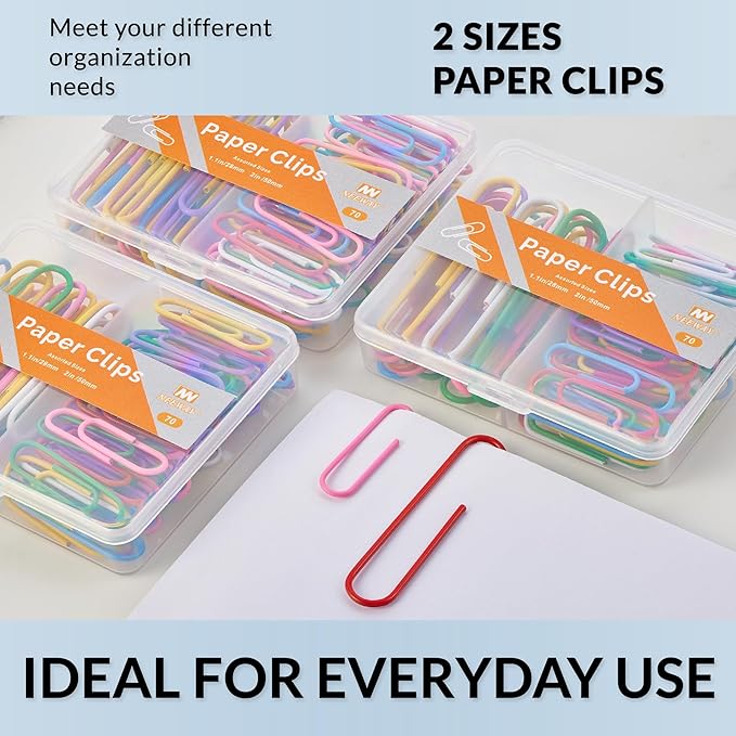 NEEWAY Colorful Paper Clips Assorted Sizes, Small and Large Paperclips, 210 Count, 3 Pack of 70 (Multicolor)
