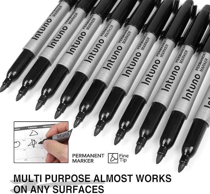 INTUNO Permanent Markers, 120 Count Black, Fine tip, Oil-Based Permanent Markers, Waterproof and Fade-Resistant, for Paper, Wood, Metal, Glass and More