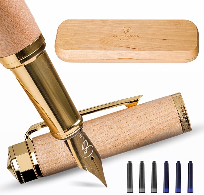 Ellington Pens Luxury Wood Fountain Pen Set – Extra Fine Nib - Includes 6 Ink Cartridges, Wooden Pen Gift Box, Ink Converter - Wood Pen For Writing, Calligraphy, Journaling, Drawing (Maple Harmony)