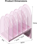 OUTIOE 5-Section Desk File Organizer, Metal Mesh Folder Organizer for Documents, Mail & Office Papers (Pink)