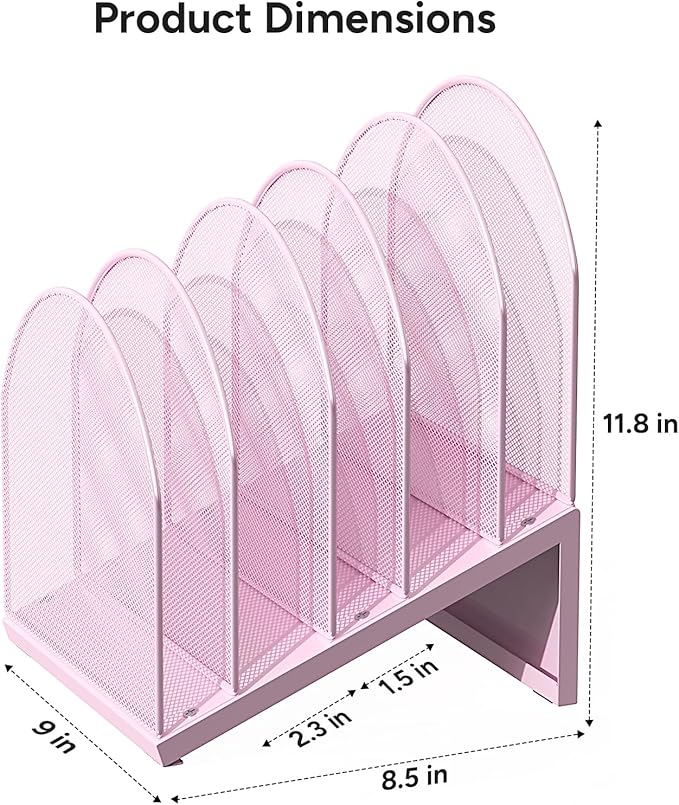 OUTIOE 5-Section Desk File Organizer, Metal Mesh Folder Organizer for Documents, Mail & Office Papers (Pink)