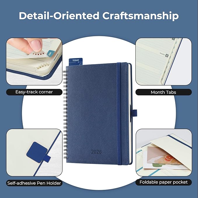IN-LUXPRO Planner 2026 Daily Weekly and Monthly,8.5"x6.5",12 Months Spiral Bound Calendar Agenda with Self-adhesive Pen Holder,2026 Appointment Book with Vegan Leather Soft Cover,Blue