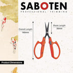 Saboten Fluorine Coated Straight Blade Trimming Scissors Orange PT-1 160mm Precision Gardening Bonsai and Floral Shears Made in Japan