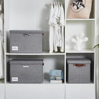 Roobyl 17" Large Collapsible Storage Bins with Lids, Stackable Closet Organizers with PU Handle and Labels, 3-Pack Decorative Fabric Storage Boxes for Home, Bedroom, Closet, Office, Nursery(Gray)