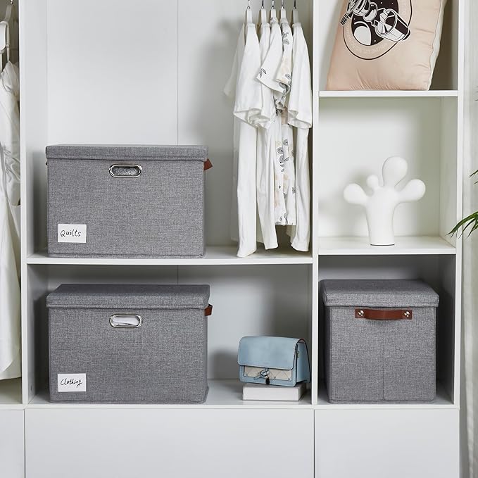 Roobyl 17" Large Collapsible Storage Bins with Lids, Stackable Closet Organizers with PU Handle and Labels, 3-Pack Decorative Fabric Storage Boxes for Home, Bedroom, Closet, Office, Nursery(Gray)