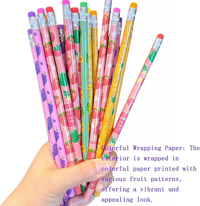 Jsehchya 72PCS Corlorful Wooden cased Pencils for Kids with Erasers, Wood Wedding Golf for School,Drawing,Gift (72PCS) (Fruit, 72)