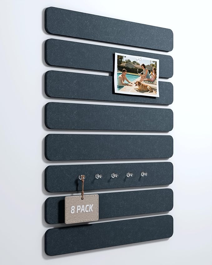 Fluxynara Cork Board Alternative Felt Strip Board 8-Pack 13"x2", Office Pin Board with 50 Push Pins, Adhesive Install for Bedroom Door & Home Office(Deep Charcoal Blue)