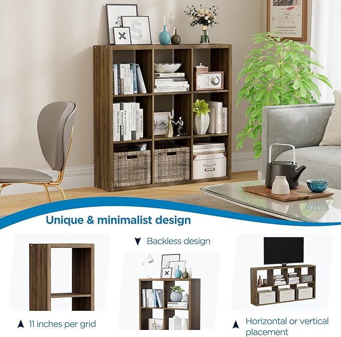 Jpiziso 9-Cube Storage Organizer, Wooden Cube Shelf Bookcase with Reinforced Thick Shelves, Heavy-Duty 36.93" L x 9.37" W x 36.93" H, for Living Room Bedroom Home Office, Brown