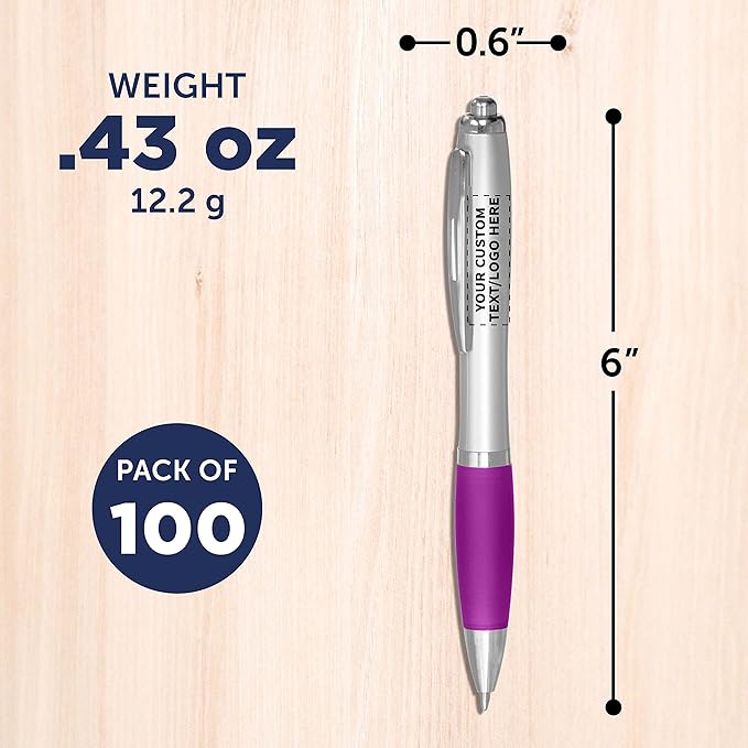 DISCOUNT PROMOS Personalized Ballpoint Pens With Rubber Grip, 100 pack Customizable Ergonomic Click-to-Write Custom Writing Pens for School with Black Ink, Purple