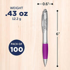 DISCOUNT PROMOS Personalized Ballpoint Pens With Rubber Grip, 100 pack Customizable Ergonomic Click-to-Write Custom Writing Pens for School with Black Ink, Purple