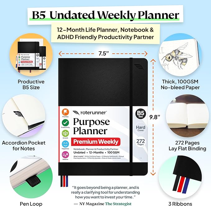 Roterunner Purpose Planner Notebook B5 7.5”x9.8” 12 Month Undated 2026 Daily Weekly and Monthly Productivity Goal Setting Tool for Work Home ADHD Planner for Adults Self Care Journa (Black)