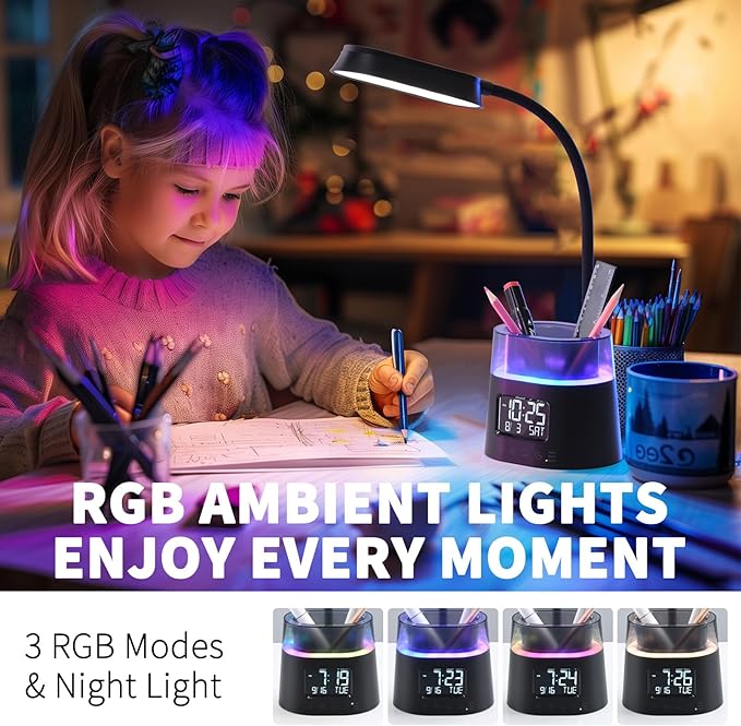 Led Desk Lamp for Home Office, Touch Table Lamp with USB Charging Port, 3 Color Modes Stepless Dimmable Reading Light, Gooseneck Lamp for Dorm Room, Bedside Study Light with Clock,Adapter Include