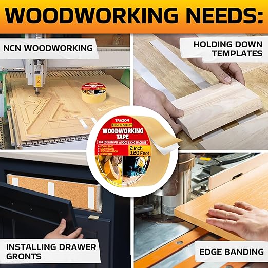Trazon Double Sided Woodworking Tape Super Strong, 2 Inch x 120 Feet, Wood Crafter Sticky Tool, Two Side Adhesive for Router Templates and CNC Machine, Removable & Residue Free