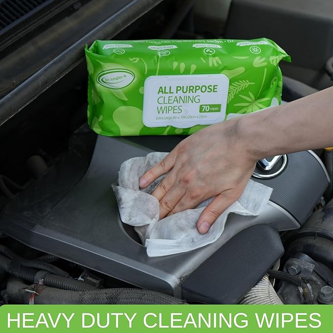 Air Jungles All Purpose Cleaning Wipes for Car and Home 70 Count, Extra Large 8" x 10" Heavy Duty for Car Interior Vinyl, Kitchen, Bathroom, Countertop, Furniture, Tool - Non-Toxic for Multi-Surface